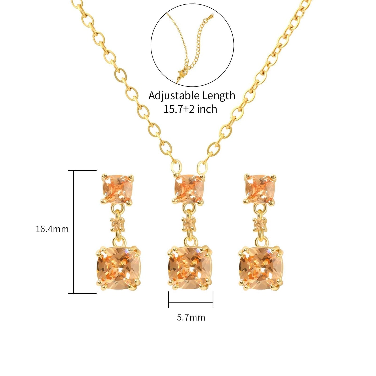 TaYolnFaSo Champagne Cubic Zirconia Jewelry Sets for Women 14k Gold Plated Cushion-Cut Necklace Earring Set Jewelry Birthday Gifts for Mother