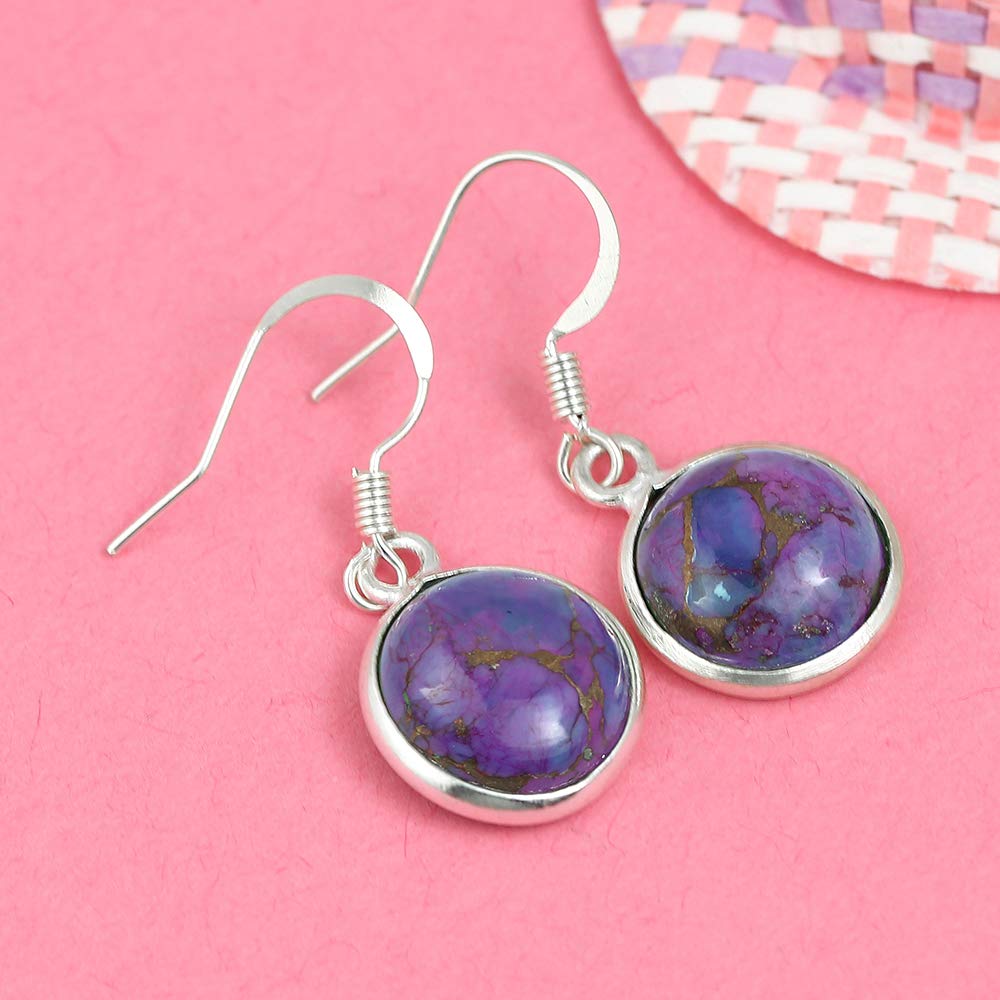 Natural Purple Copper Turquoise 925 Silver Plated Dangle Earrings for Women - Round Shape Purple Color Gemstone December Birthstone Handmade Jewelry Earrings - Gift for Her