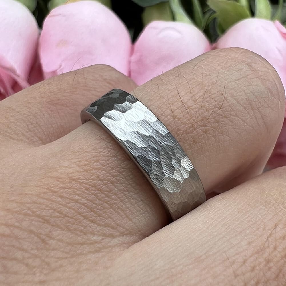 TUTISS 6mm Hammered Tungsten Carbide Rings for Men Women Fashion Engagement Wedding Bands Matte Finish I Love You Engraved Comfort Fit Size 10