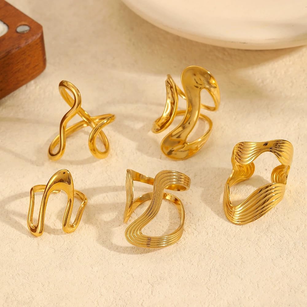 AIETUE Chunky Rings For Women, Gold Silver Thumb Ring Asymmetrical Wavy Curve Ring Adjustable Non Tarnish Dainty Stainless Steel New Year Anniversary Birthday Jewelry Gift (Trendy Gold #3)
