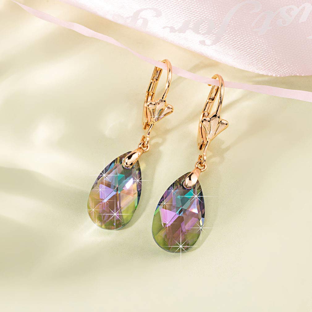 Austrian Crystal Teardrop Leverback Dangle Earrings for Women Fashion 14K Gold Plated Hypoallergenic Jewelry (Rainbow)