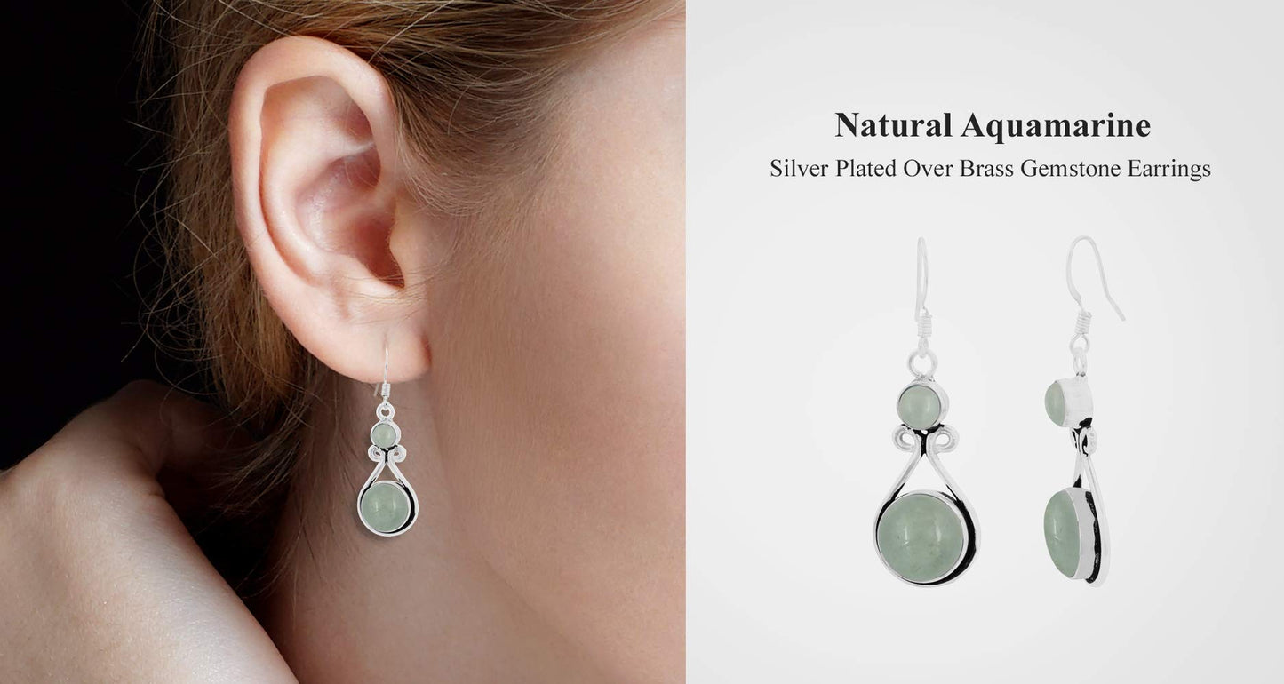 Natural Aquamarine Silver Plated Dangle Earrings for Women - March Birthstone Round Gemstones Drop Earrings Jewelry - Handmade Gift for Her