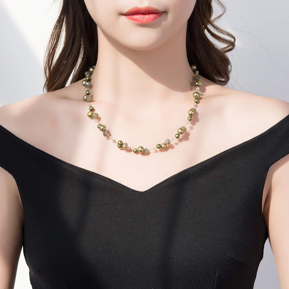 Short Beaded Turquoise Necklace For Women - Fashion Jewelry with Pearl and Crystal Bead, Birthday Gifts For Women (27-Army Green)