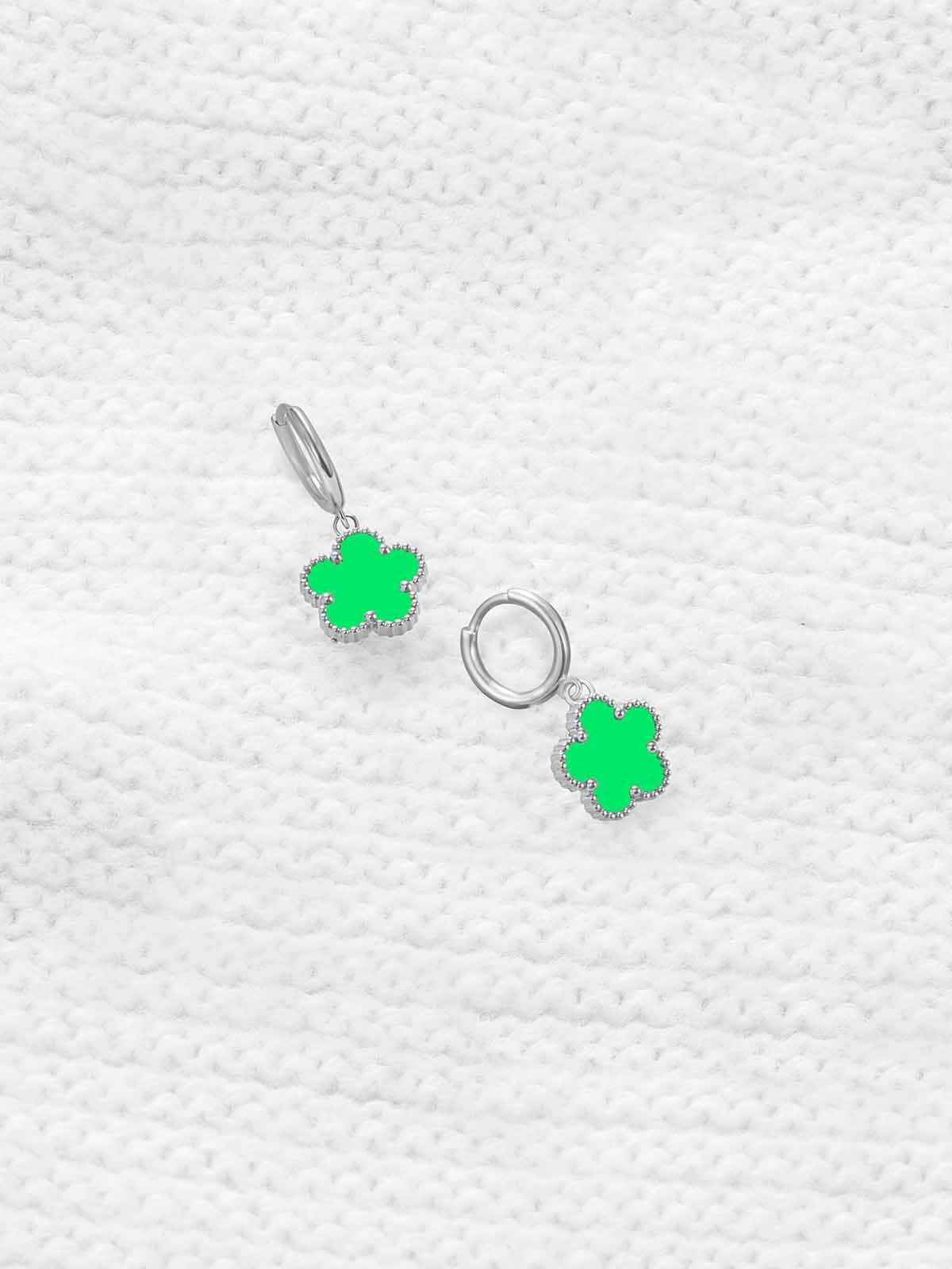 Gold Plated Five Leaf Clover Dangle Earrings for Women Lucky Flower Jewelry (Lime Green-White Gold Plated)
