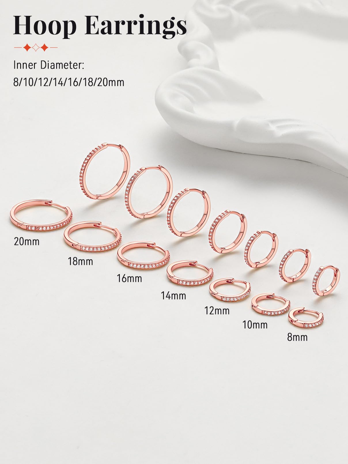 FaithHeart Cubic Zirconia Hoop Earrings for Women, Rose Gold Hypoallergenic Huggie Hoop Earrings, Small Cartilage Earrings for Women 16mm, Send Gift Box