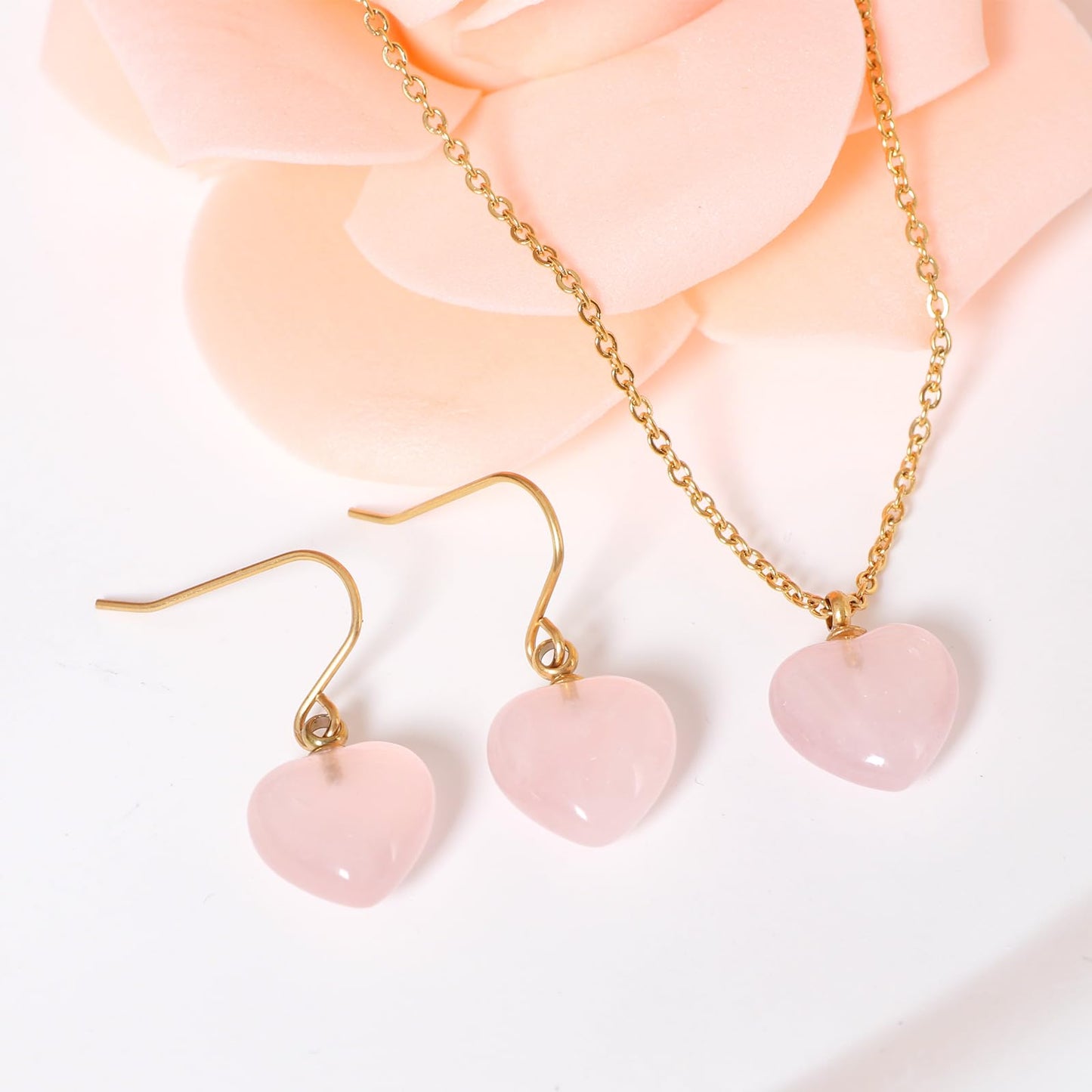TaYolnFaSo Natural Heart Rose Quartz Jewelry Set for Women 18K Gold Plated Dainty Cute Rose Quartz Earrings and Necklace Set Birthday Gifts