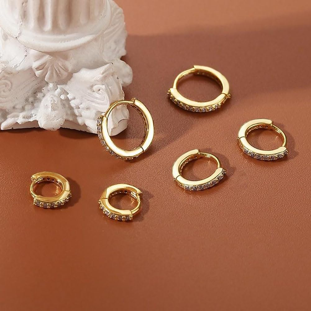 3Pairs Gold Hoop Earrings Set for Women Trendy Chunky Huggie Dainty Earring Jewelry for Women Teens (Gold - Diamond 3 Pairs)