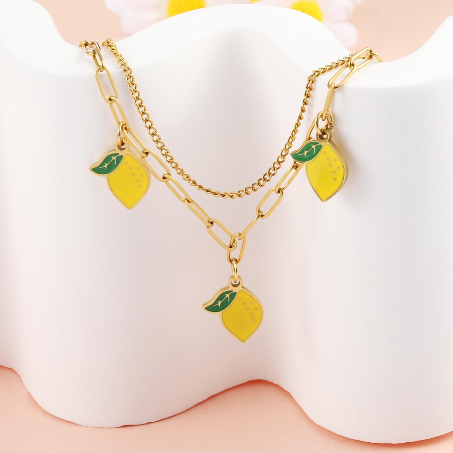 LCTrusttmor Gahna Summer Jewelry Gifts for Women, 18K Gold Plated Lemon Bracelet with Fruit Charms, Dainty Layered Chain Link Adjustable Bracelets Gift for Her
