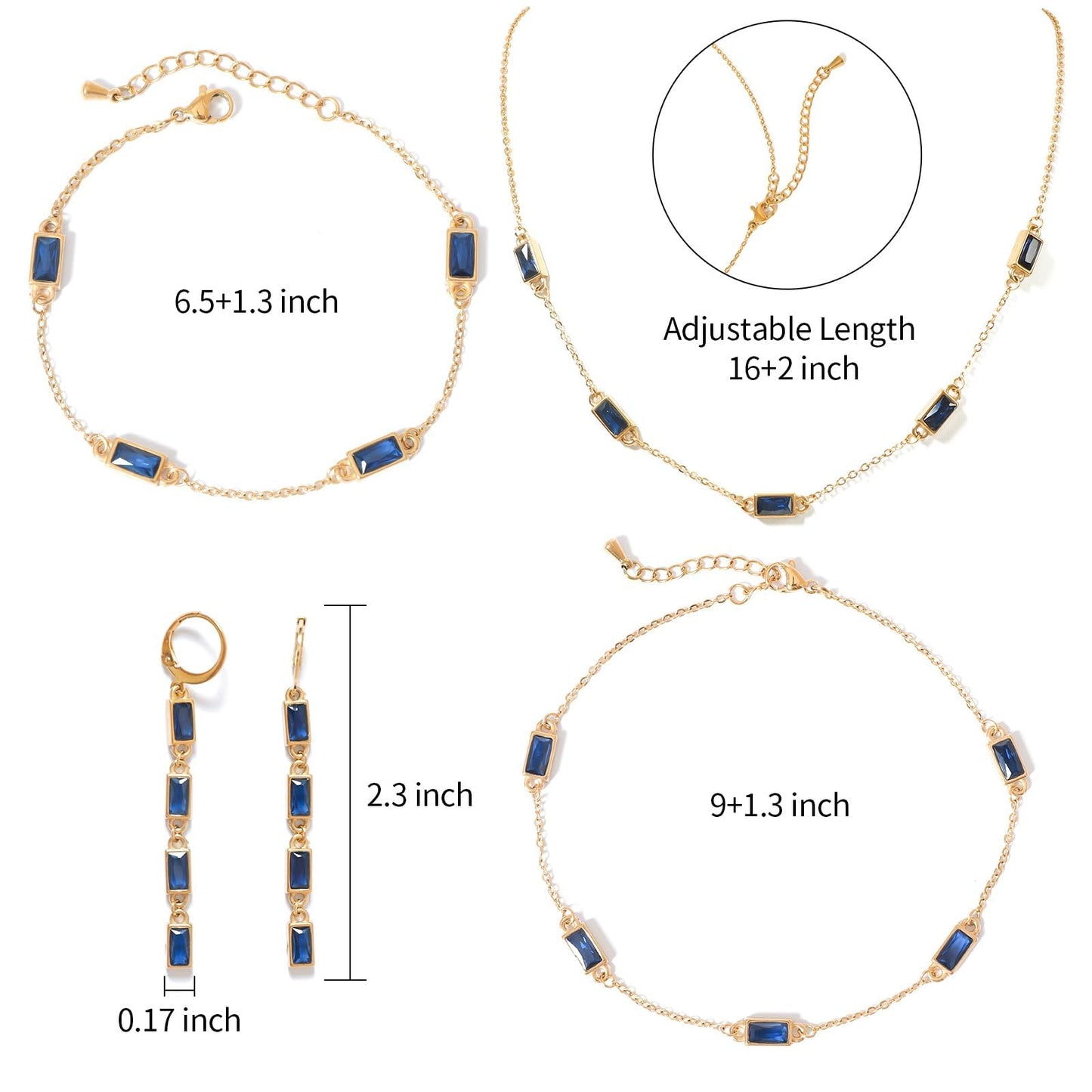 TaYolnFaSo Sapphire Blue Cubic Zirconia Jewelry Set for Women Emerald-cut Blue Necklace Earring Bracelet Anklet September Birthstone Sapphire CZ Jewelry Gift for Wife Girlfriend Mother