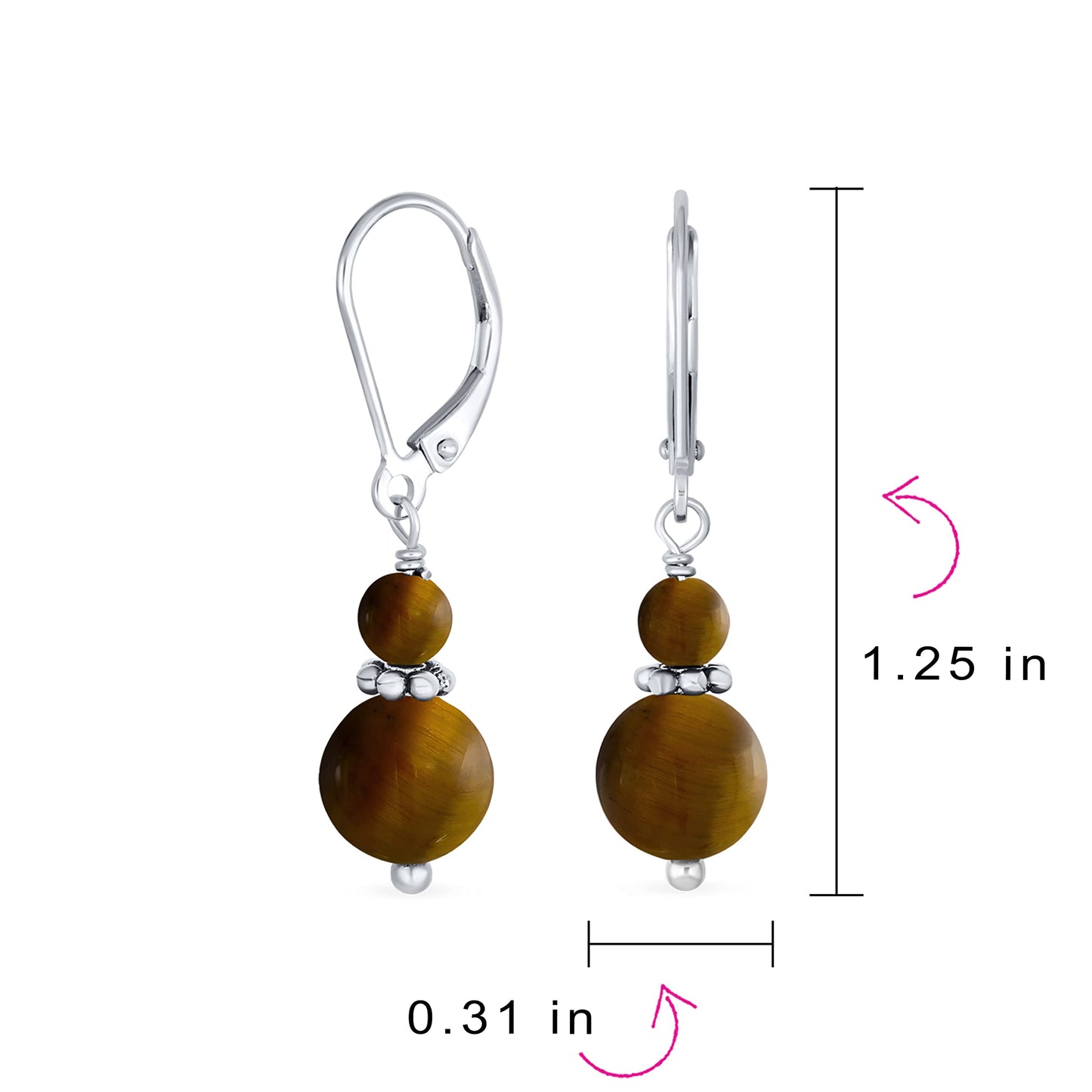 Bling Jewelry Bali Style .925 Sterling Silver Brown Tiger Eye Bead 3MM & 8mm Balls Drop Earrings Milgrain Rondel Separator Lever Back Genuine Gemstone