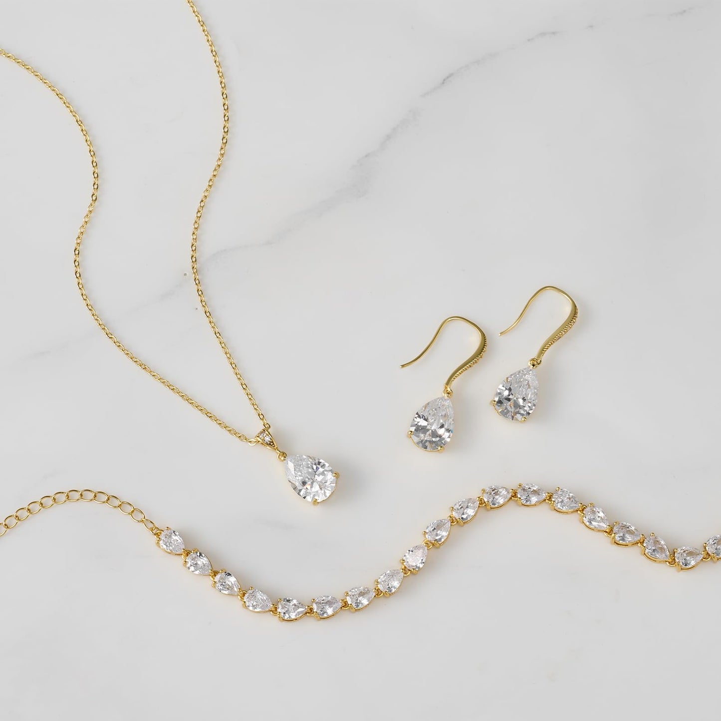 SWEETV Gold Bridal Jewelry Set for Wedding, Cubic Zirconia Crystal Wedding Jewelry Set for Bride Bridesmaid, Crystal Teardrop Pendants Earrings Necklace Bracelet Set for Prom