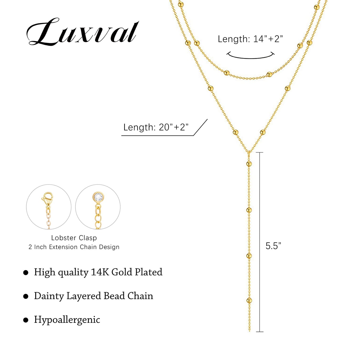 Luxval Gold Necklace for Women Trendy 14k Gold Plated Long Necklaces for Women Dainty Lariat Y Necklace Layered Necklaces Beaded Drop Y-Shaped Chain Jewelry Gift Wedding