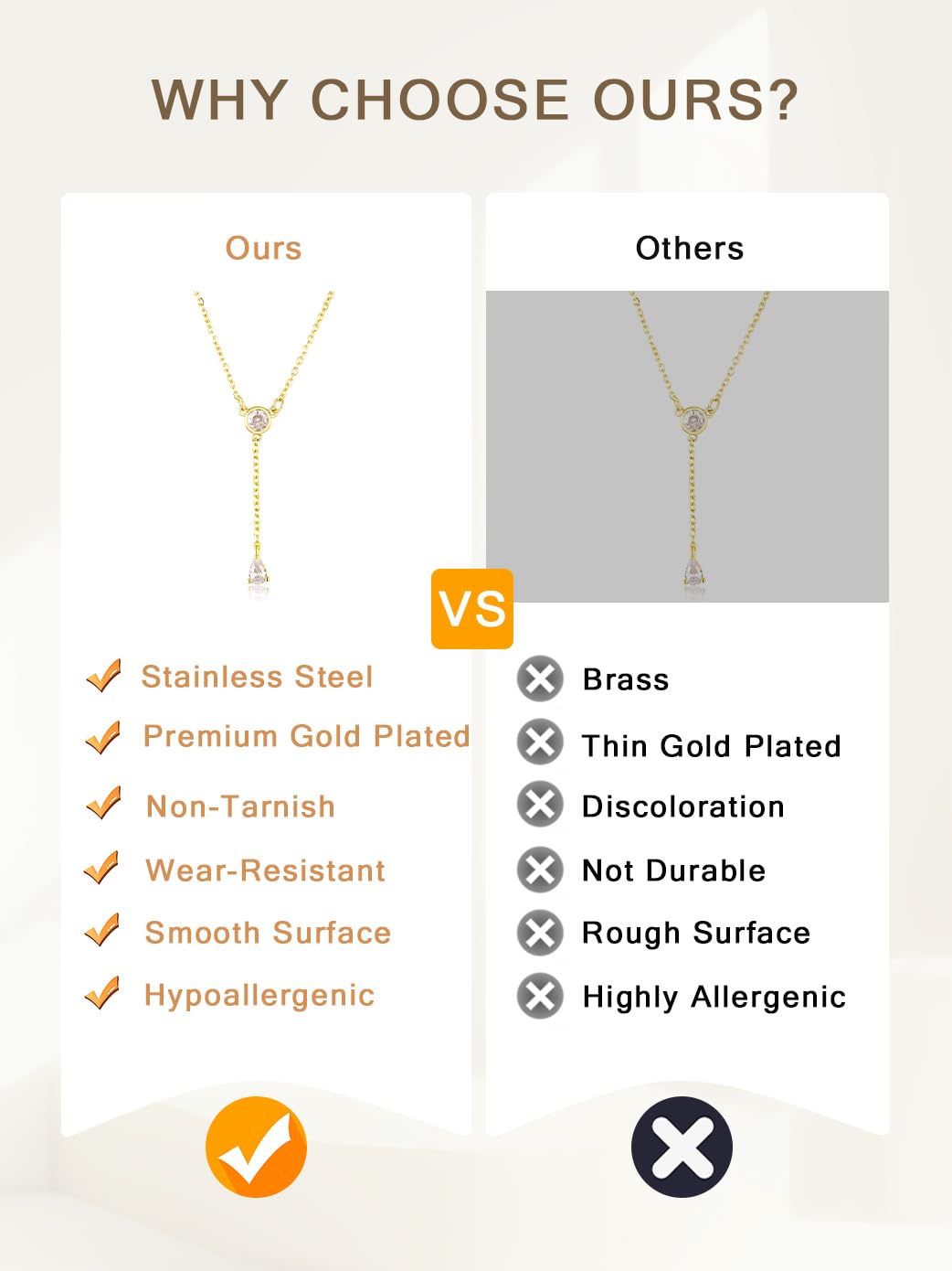 LUXU kisskids Gold Pendant Necklace for Women, Dainty Lariat Y-Shaped Chain, Stainless Steel CZ Drop Chain Adjustable Hypoallergenic Jewelry Gift