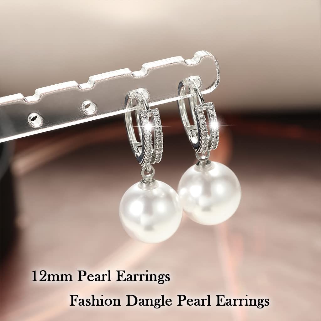 Pearl Earrings for Women 14K Gold Plated Hypoallergenic Pearl Earrings 5A Cubic Zirconia Dangle Earrings Elegant Jewelry (4-Silver)