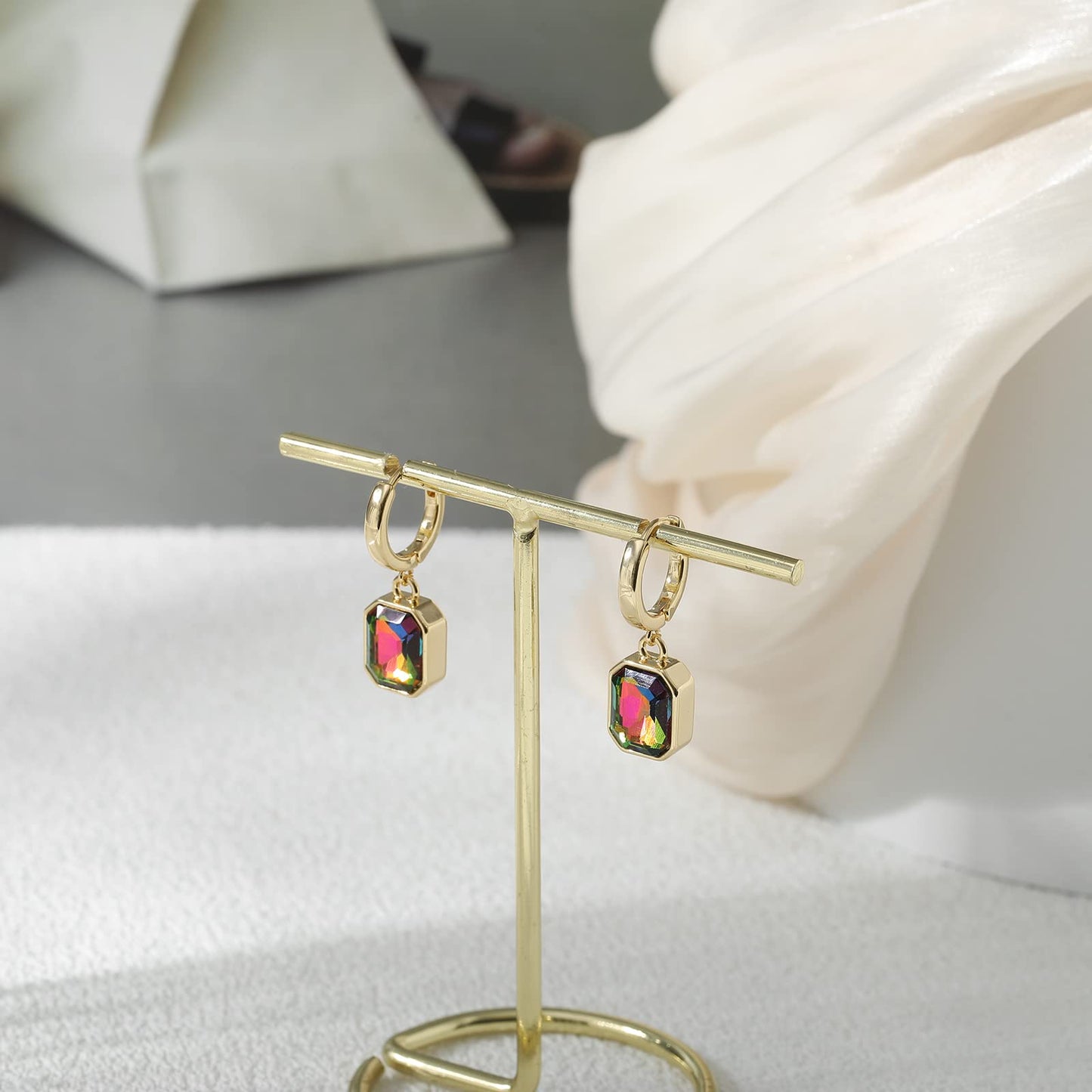 Birthstone Crystal Dangle Drop Earrings, 18K Gold Plated Huggie Hoop Hypoallergenic Earring Jewelry Gifts for Women (Vitrail Medium)