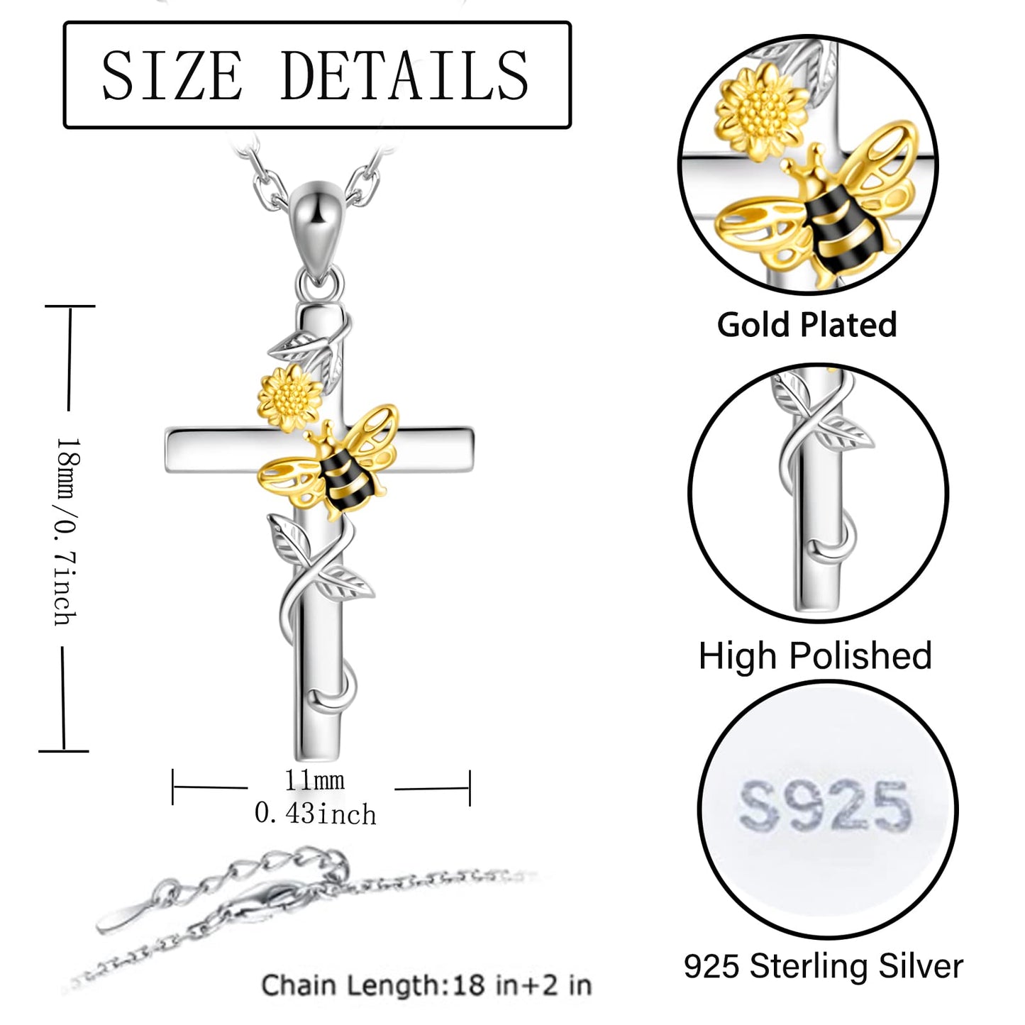 ZLILIJAN Cross Necklace 925 Sterling Silver Sunflower Bee Pendant You Are My Sunshine Honey Bee Jewelry Gifts for Women
