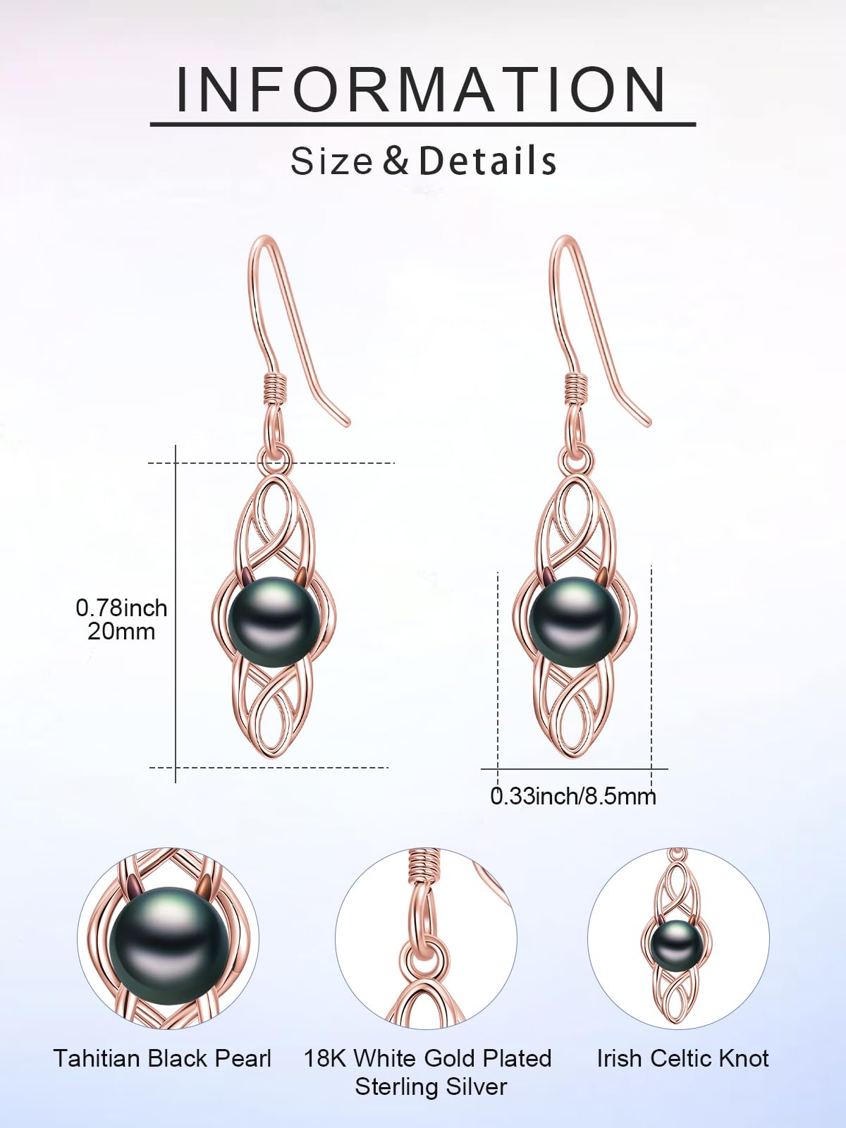 KANNSOAR Tahitian Black Pearl 18K AAAA Rose Gold Plated Sterling Silver Celtic Knot Dangle Drop Earrings for Women Wife Mom Girlfriend Her Jewelry Gift for Anniversary Birthday Christmas
