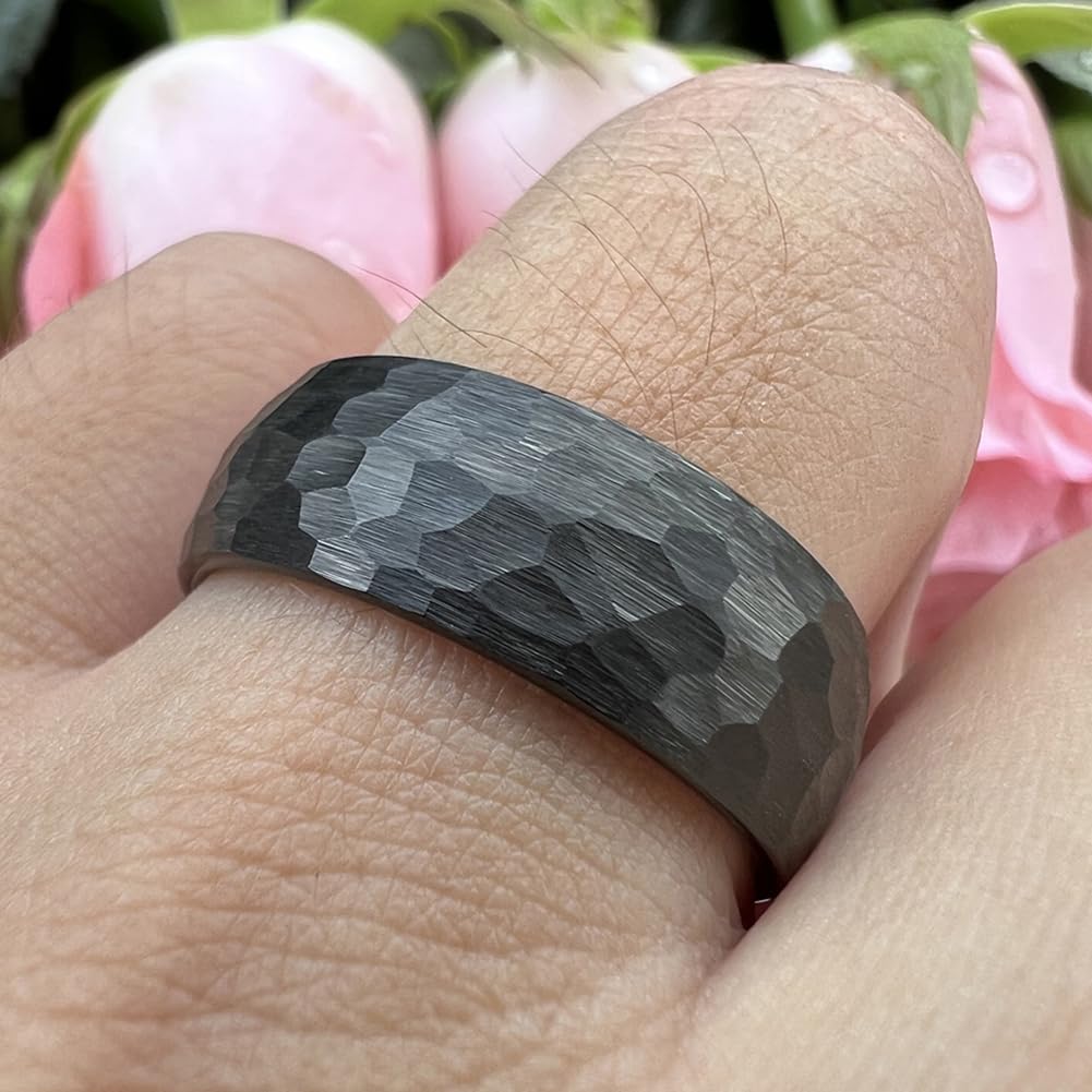 TUTISS 8mm Black Hammered Tungsten Rings for Men Women Fashion Engagement Wedding Bands Domed Matte Finish Comfort Fit Size 9