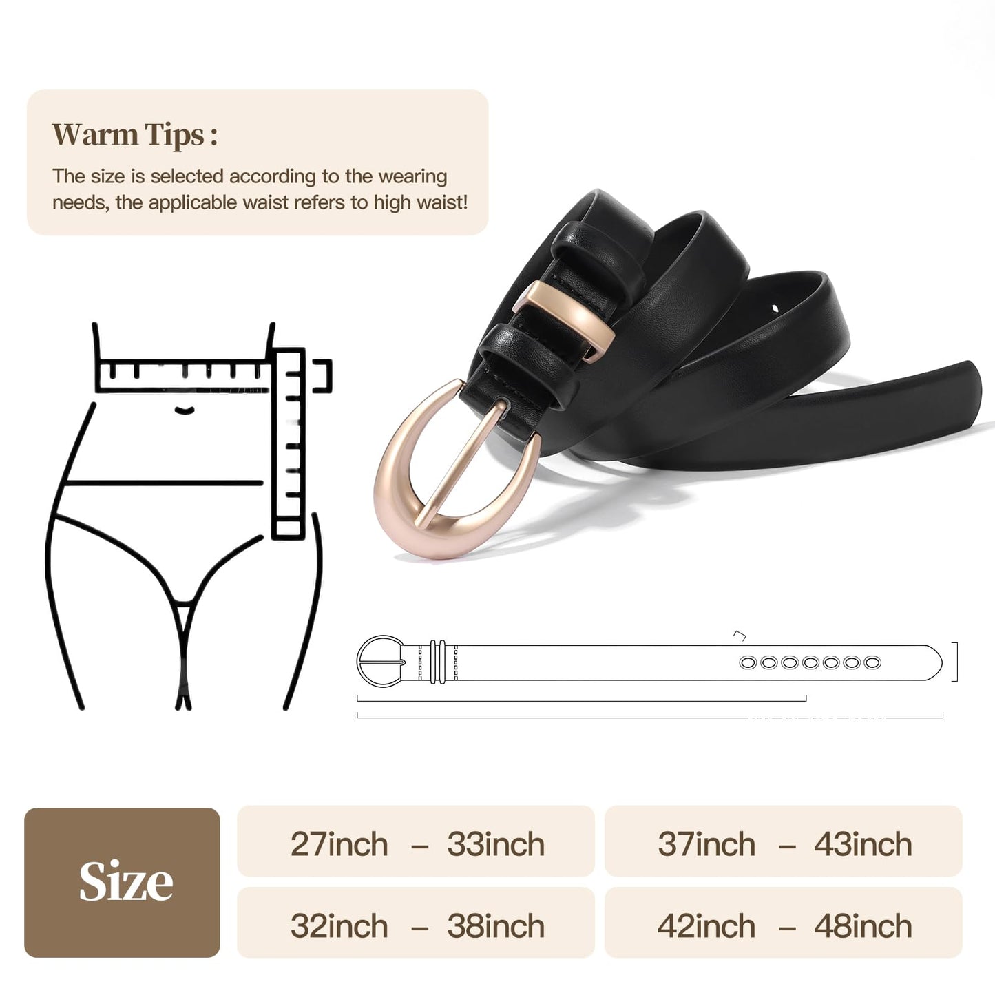 KONQUWA Women's Cow Leather Belt for Jeans Pants Fashion Ladies Skinny Dress Waist belt with Gold Buckle (Coffee/Gold Buckle,27″-33″)