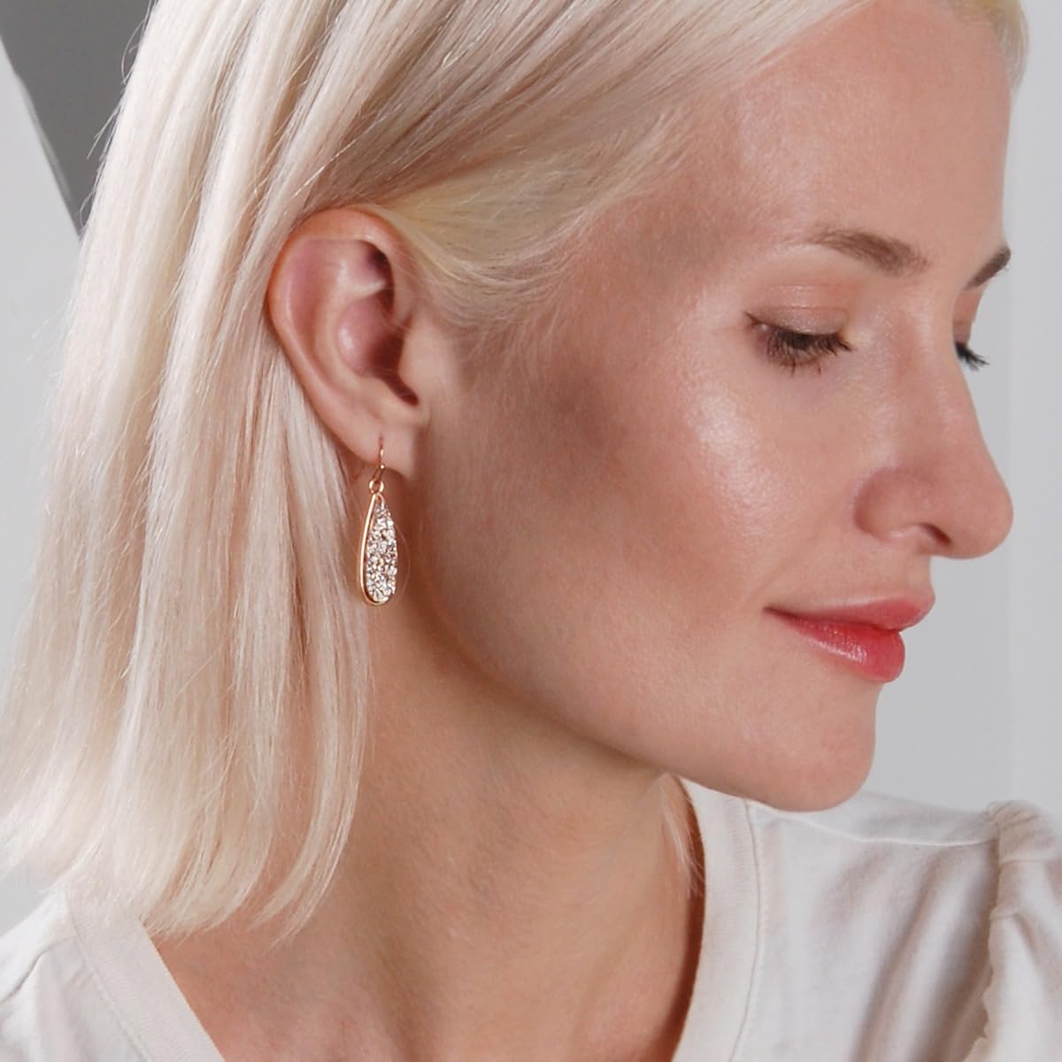 Rose Gold Tone Dangle Earrings for Women - Boho Rose Gold Tone Earrings Dangle, Simulated Druzy Dangly Teardrop Hanging Bohemian Drops, Sparkly Long Tear Drop Dangling Bridal and Bridesmaid Jewelry