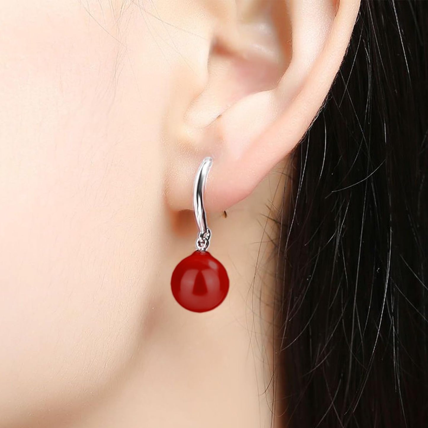 12mm Natural Ocean Pearl Freshwater Cultured Colorful Simulated Beads Drop Dangle Earrings Elegant Birthday Wedding Party Costume Prom Statement Jewelry for Women-red