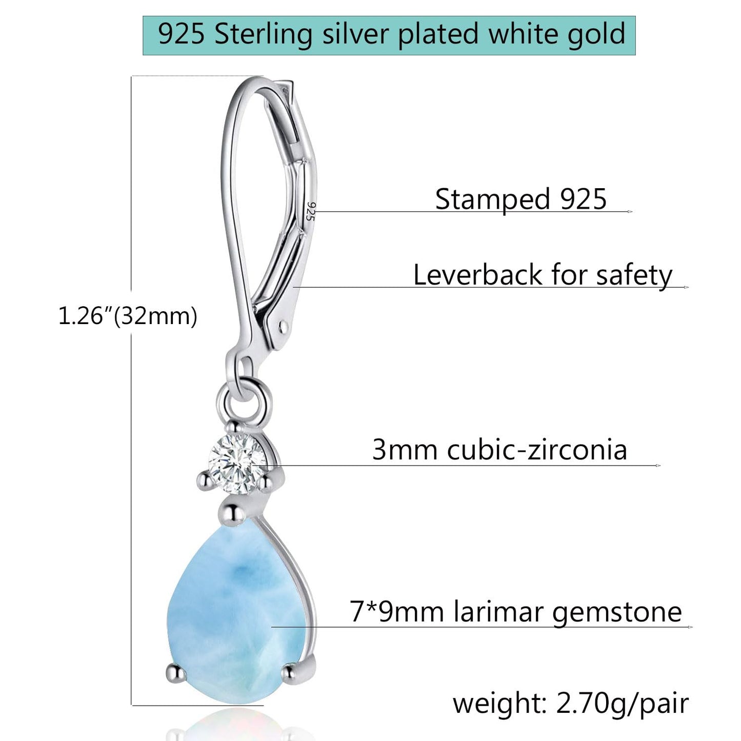 925 Sterling Silver 7 * 9mm Teardrop Larimar Leverback Earrings for Women,Pear Shaped Blue Gemstone Dangle Earrings Hypoalleregenic Jewelry