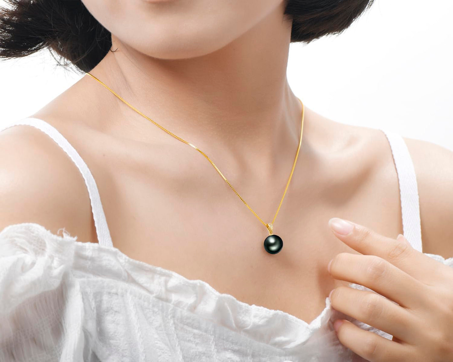 DENGGUANG 18K Gold Black Pearl Necklace Pendant with Diamond 10-11mm Genuine Tahitian Cultured Round Pearls Pendant for Women with 18" Silver Chain