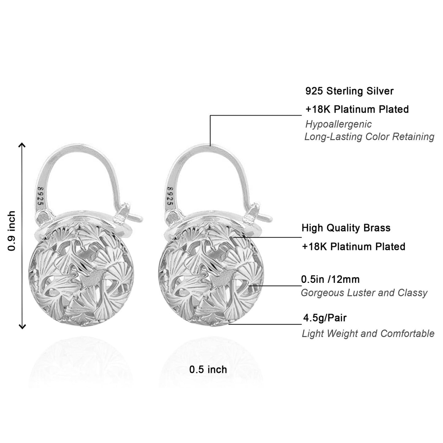 OwMell Elegant 925 Sterling Silver Pearl Drop Earrings Dangle Stud Silver Plated Earrings for Women Large Size 12mm - Hollowed Ginkgo Silver