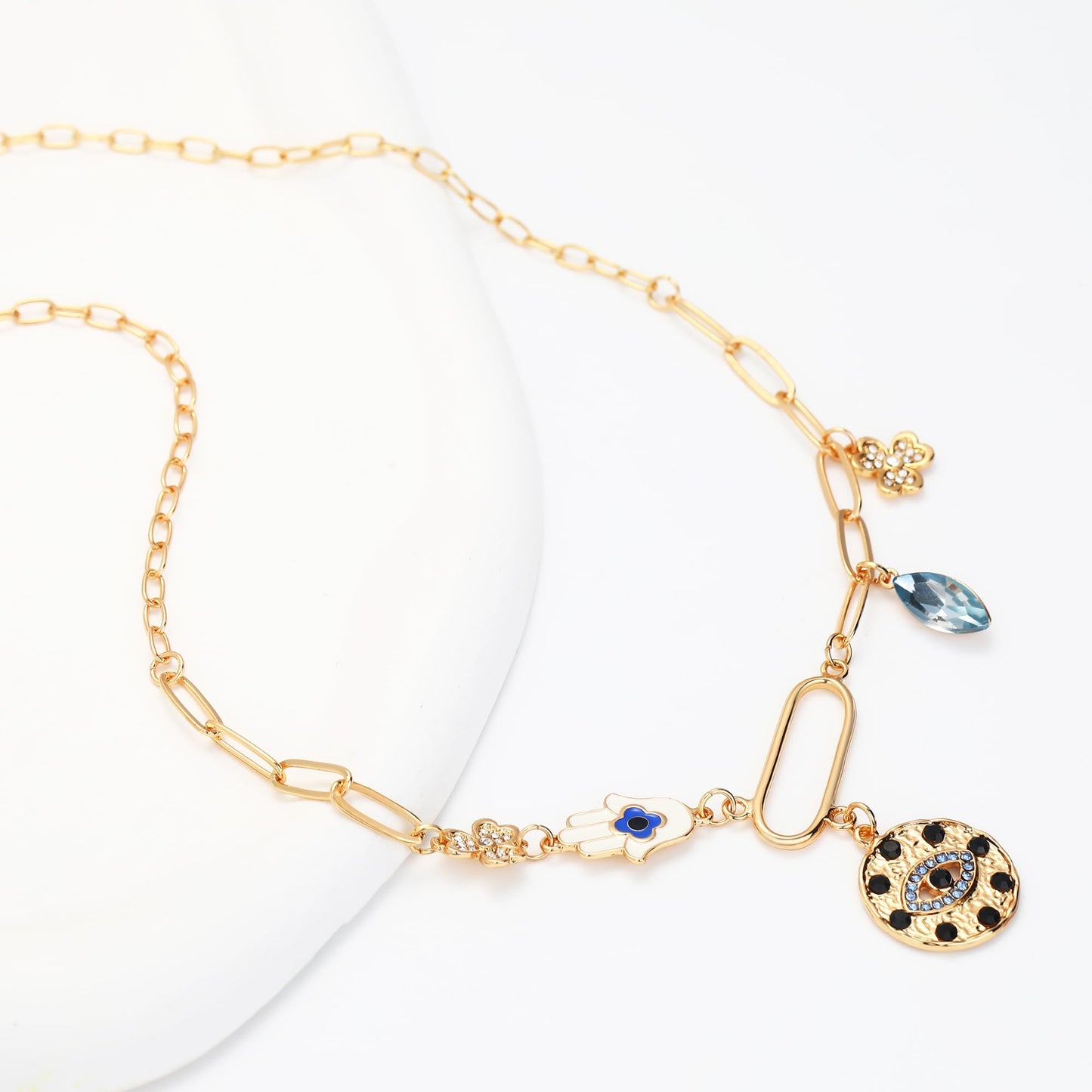 MISS RIGHT Charm Necklace for Women Dainty Gold Evil Eye Hamsa Hand Coin Lucky Pendant Vintage Paperclip Chain Clover Flower Chunky Charm Necklace Jewelry Gifts CLOVER