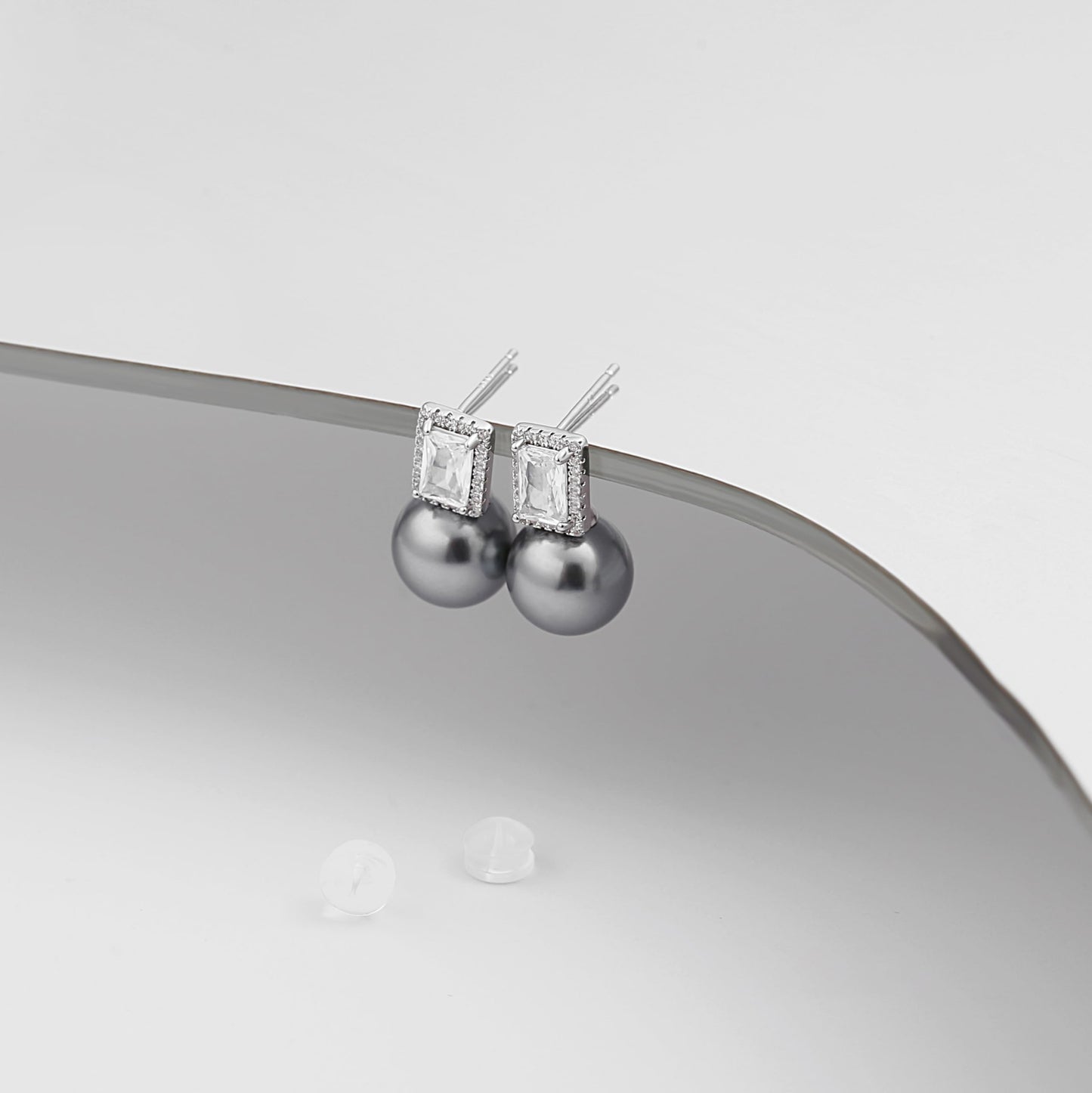 Gray Tahitian Pearl Earrings, Emerald Cut Cubic Zirconia Earrings Studs, Dainty Elegant Wedding Earrings for Bridal