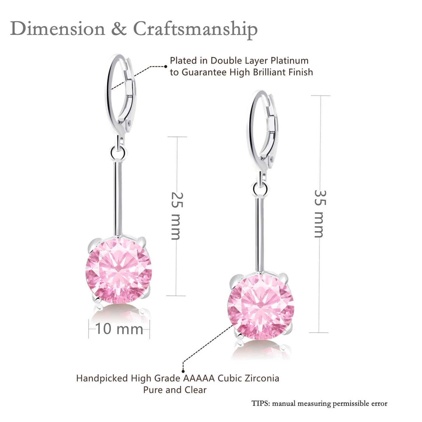 VONSSY Gemstone Drop Dangle Earrings | Platinum/Gold Plated Leverback Crystal Cubic Zirconia Hanging Red/Pink/Blue Earrings (Pink-Platinum)