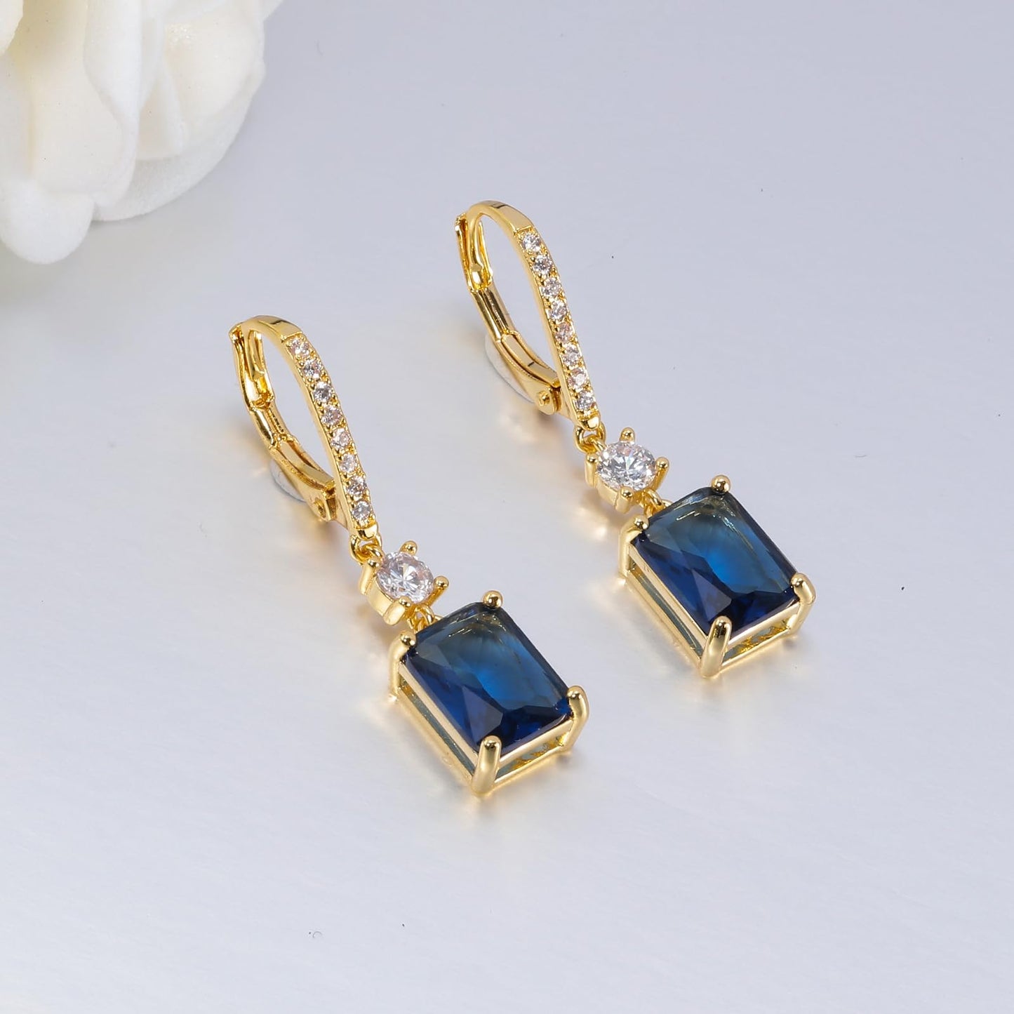 CiNily Leverback Earrings for Women Rectangular-cut Drop Dangle Earring Hypoallergenic, 14K Gold Plated Navy Blue Cubic Zircon Earrings Diamond Dangle Ear Rings Jewelry Birthday