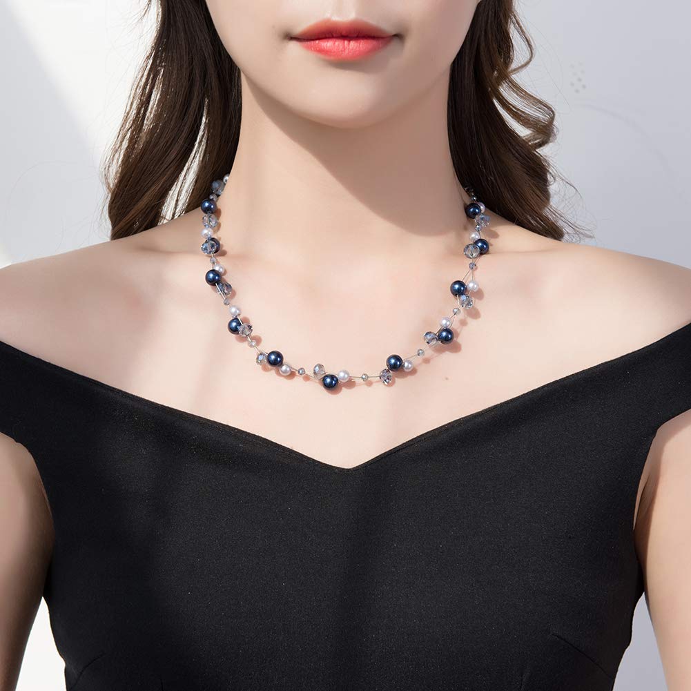 Short Beaded Turquoise Necklace For Women - Fashion Jewelry with Pearl and Crystal Bead, Birthday Gifts For Women (27-Blue)