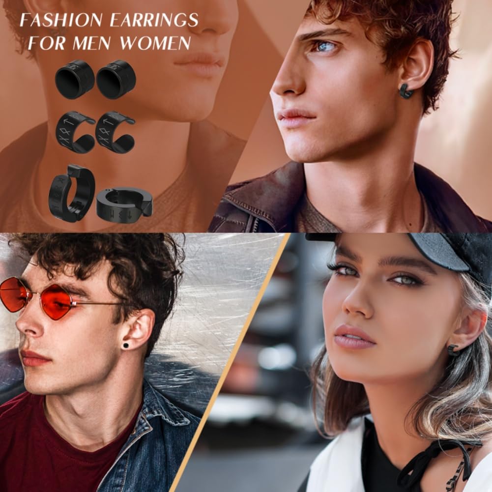 6PCS Viking Non-Piercing Magnetic Earrings: Stainless Steel Black Punk Fake Cheater Studs Clip On Jewelry for Men Women
