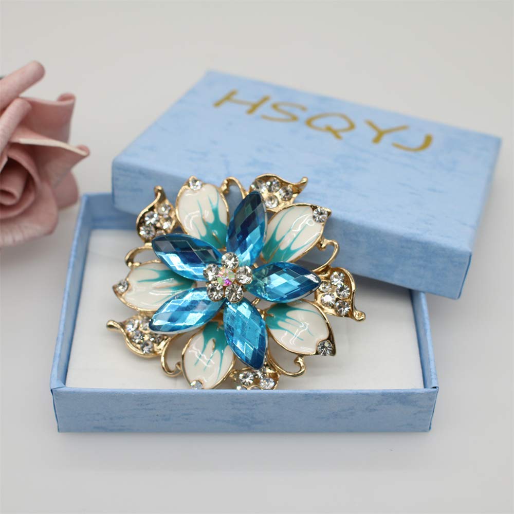 Flower Crystal Brooches Pins Fashion Beautiful Created Rhinestone Floral Brooch Good Idea for Party Dance Wedding Banquet for Elegant Women Girl (Blue Crystal Brooch)