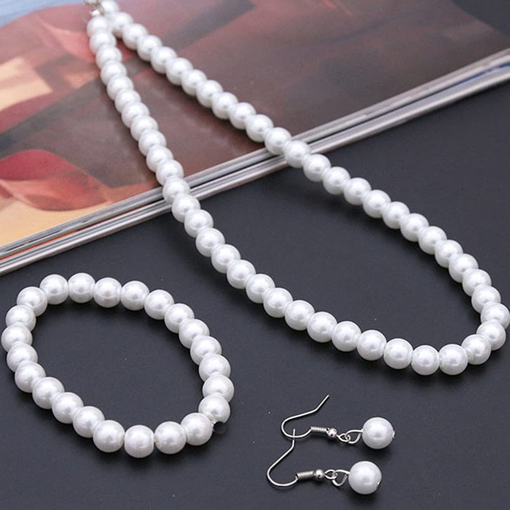 tenghong2021 Fashion Classic Faux Pearl Jewelry Set Necklace Bracelet Earrings for Women Best Gift (White)