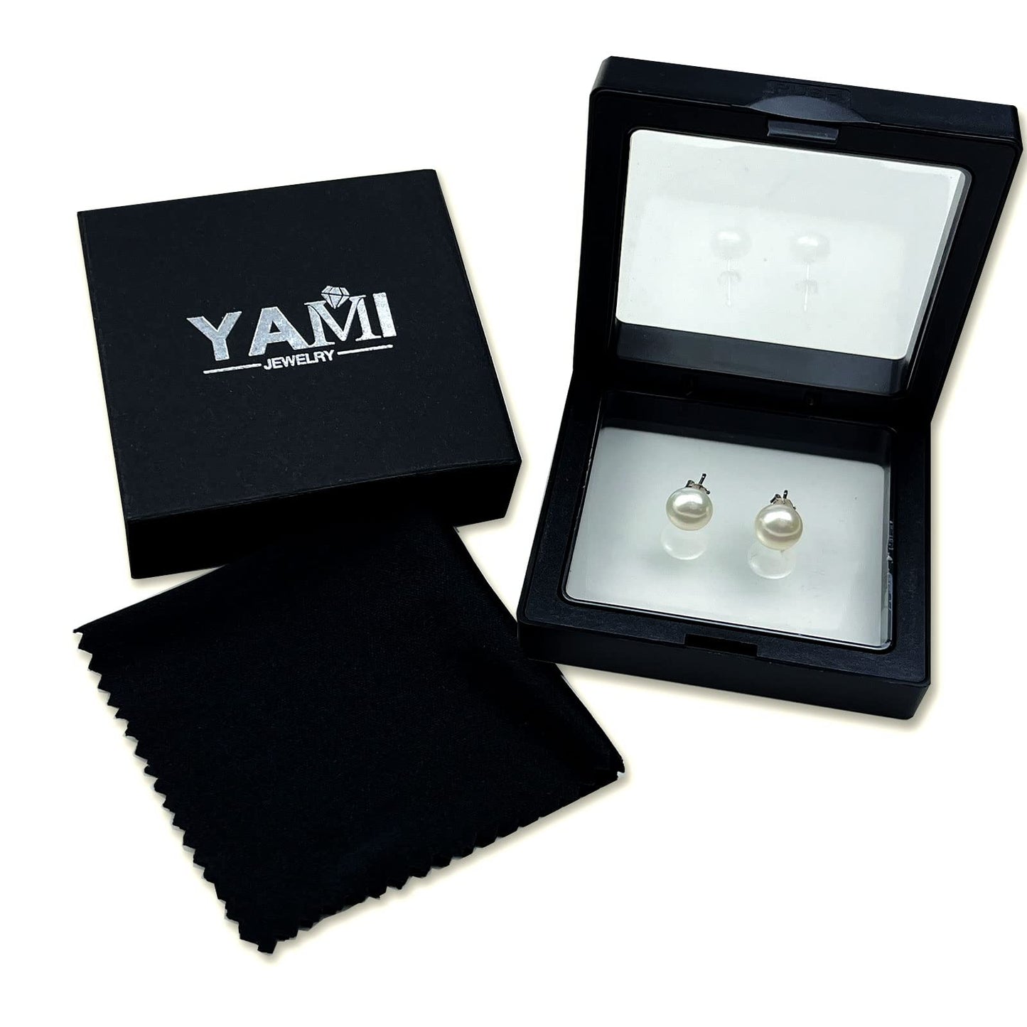 YAMI Pearl Earrings, 925 Sterling Silver Stud Earrings, Freshwater Cultured Pearl, Classic & Elegant, White Gold Plated Hypoallergenic Jewelry Gifts for Women, White 9-9.5MM