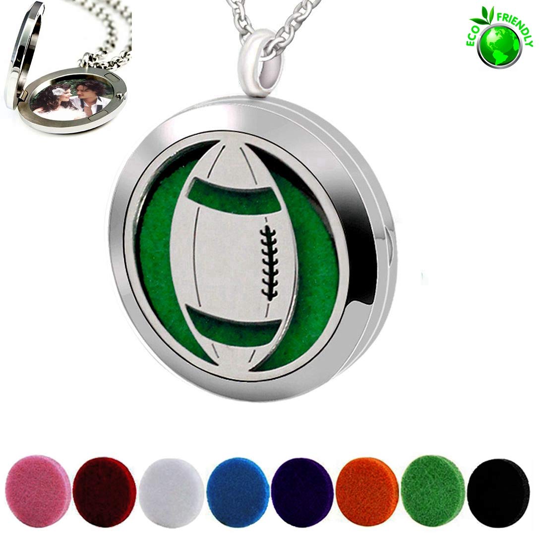Popeoiuh Essential Oil Diffuser Necklace, Hypoallergenic Stainless Steel Aromatherapy American Football Locket Pendant Jewelry Sets Birthday Christmas Mother's Day Gift for Women Men Teen