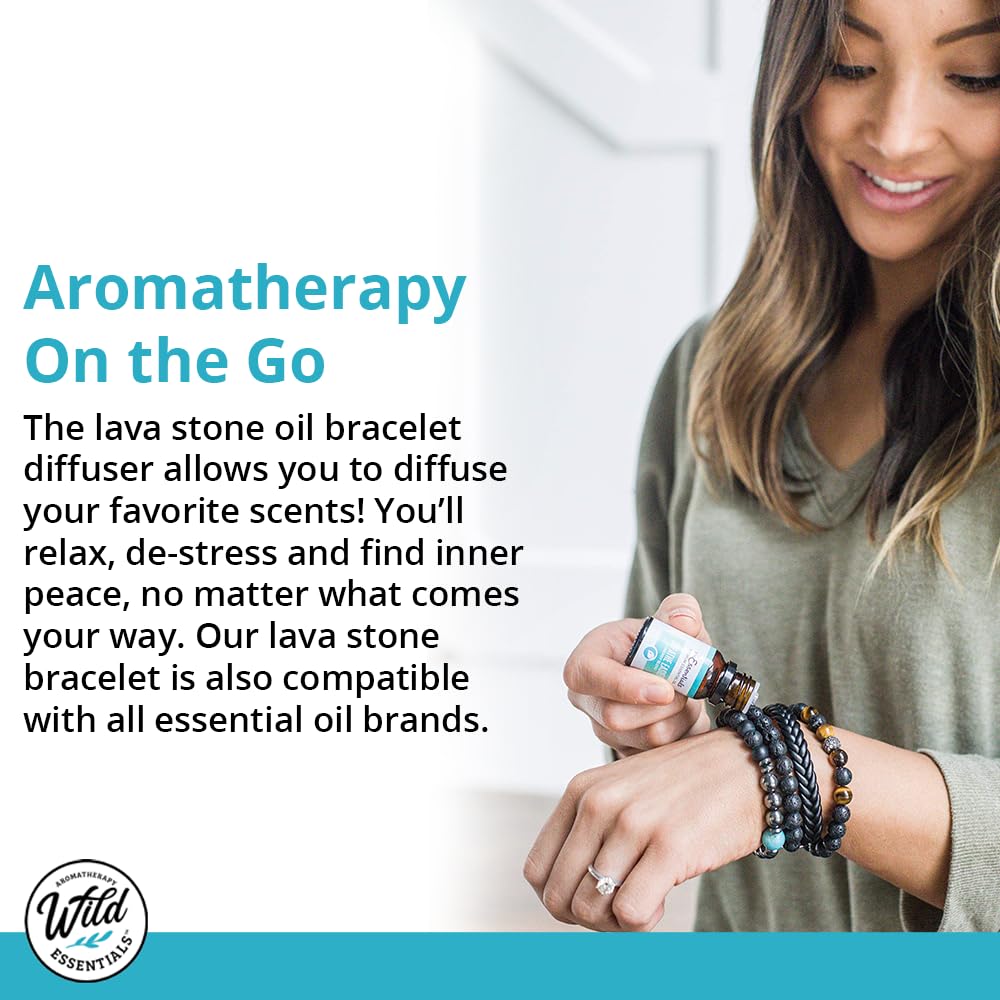 Wild Essentials Turquoise and Hematite Lava Stone Essential Oil Diffuser Bracelet, Expandable Elastic, Aromatherapy Jewelry Gift Set and 100% Pure Oils (Lavender, Lemongrass, Orange and Peppermint)
