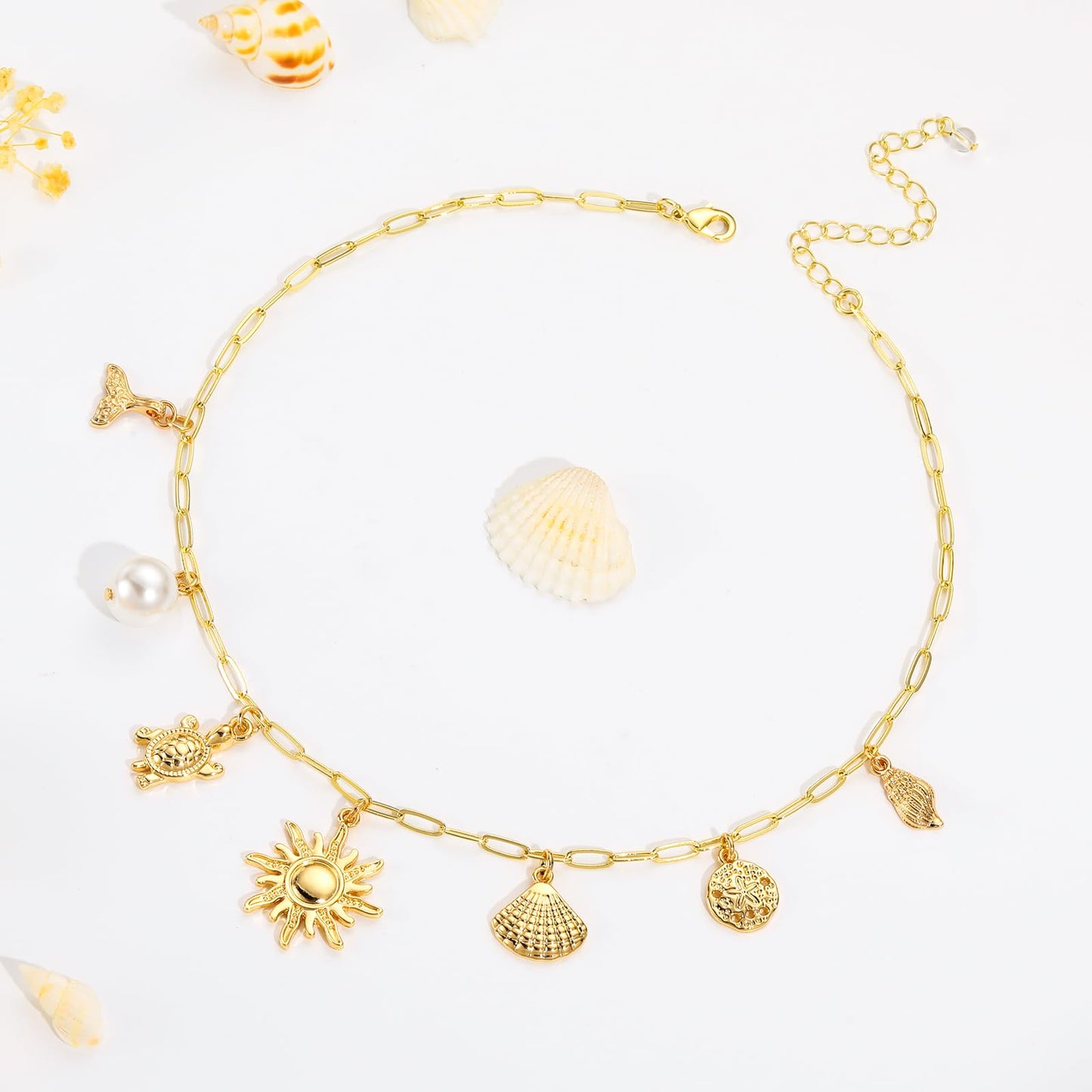 Lydow Charm Necklace for Women, Shell Beach Summer Sun Starfish Turtle necklace Pendant Seashell Boho Jewelry Gifts Chain Beachy Paperclip Her