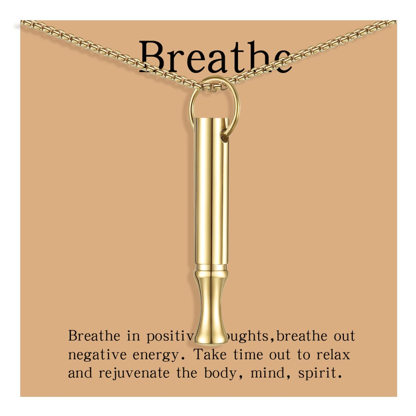 hooppoo Breathing Necklace for Calm & Focus - Personal Essential Oil Diffuser for Anxiety Relief, Quit Smoking, Yoga and Meditation - Reusable Stainless Steel Pendant for Women Men (Gold)