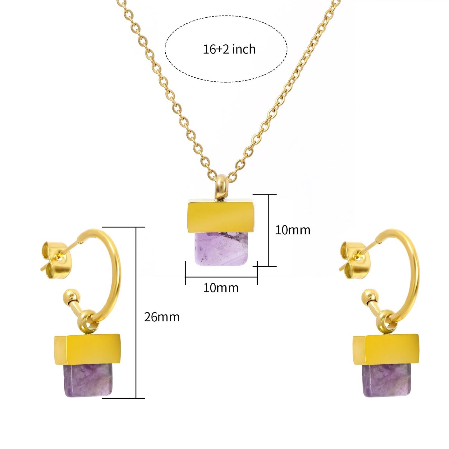 TaYolnFaSo Natural Amethyst Necklace and Earrings Set for Women 18K Gold Plated Amethyst Jewelry Set Square Gemstone Jewelry Gift