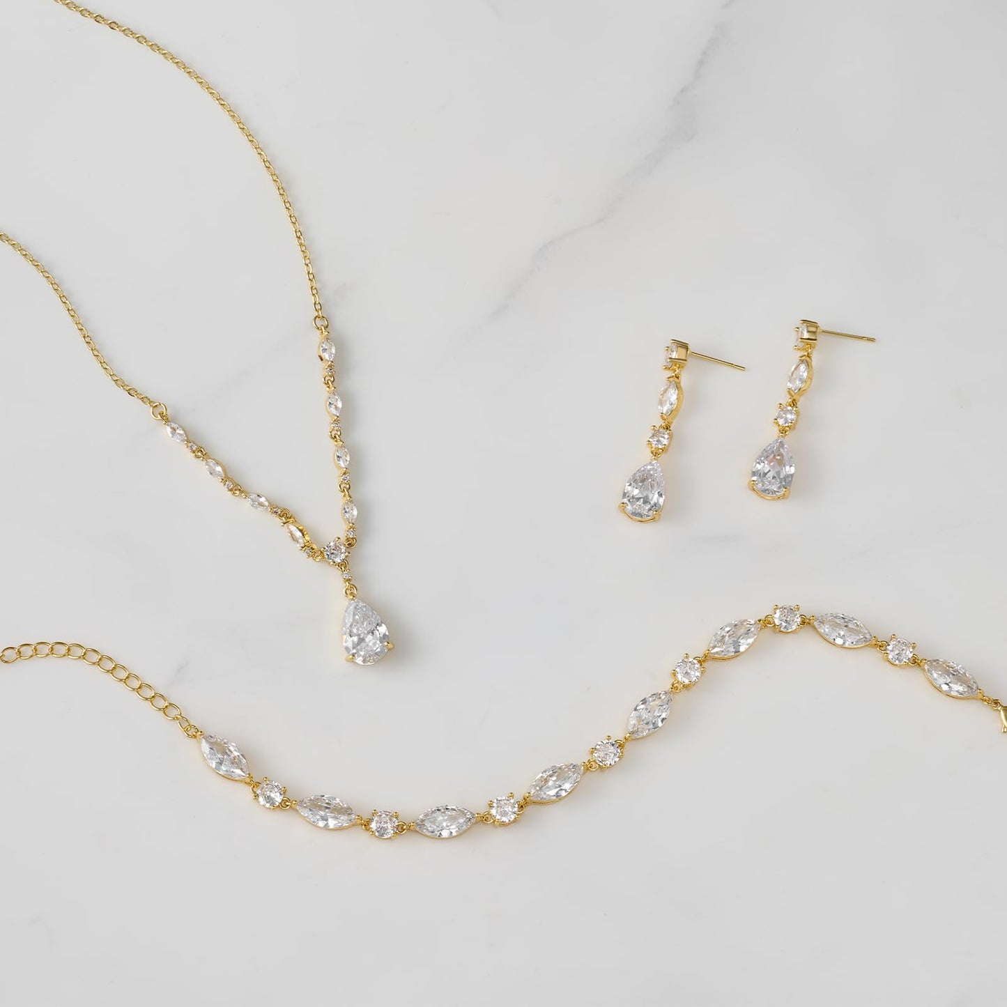 SWEETV Gold Bridal Jewelry Set for Wedding, Cubic Zirconia Necklace Dangle Drop Earrings Bracelet Set, Teardrop Marquise Brides Bridesmaids Wedding Prom Anniversary Jewelry Gifts for Women