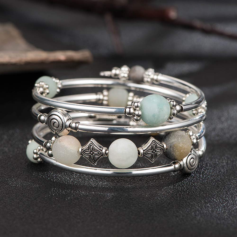 Beaded Pearl Bangle Wrap Bracelet - Fashion Bohemian Jewelry Multilayer Charm Bracelet with Thick Silver Metal Beads, Gift For Women(Green)