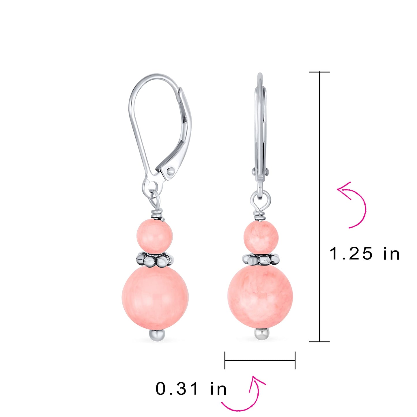 Bling Jewelry Gemstone Natural Pink Coral Boho Bali Milgrain Edged Beaded Rondel Separator Double Ball Round Drop Dangle Earrings For Women Teen .925 Sterling Silver Lever back