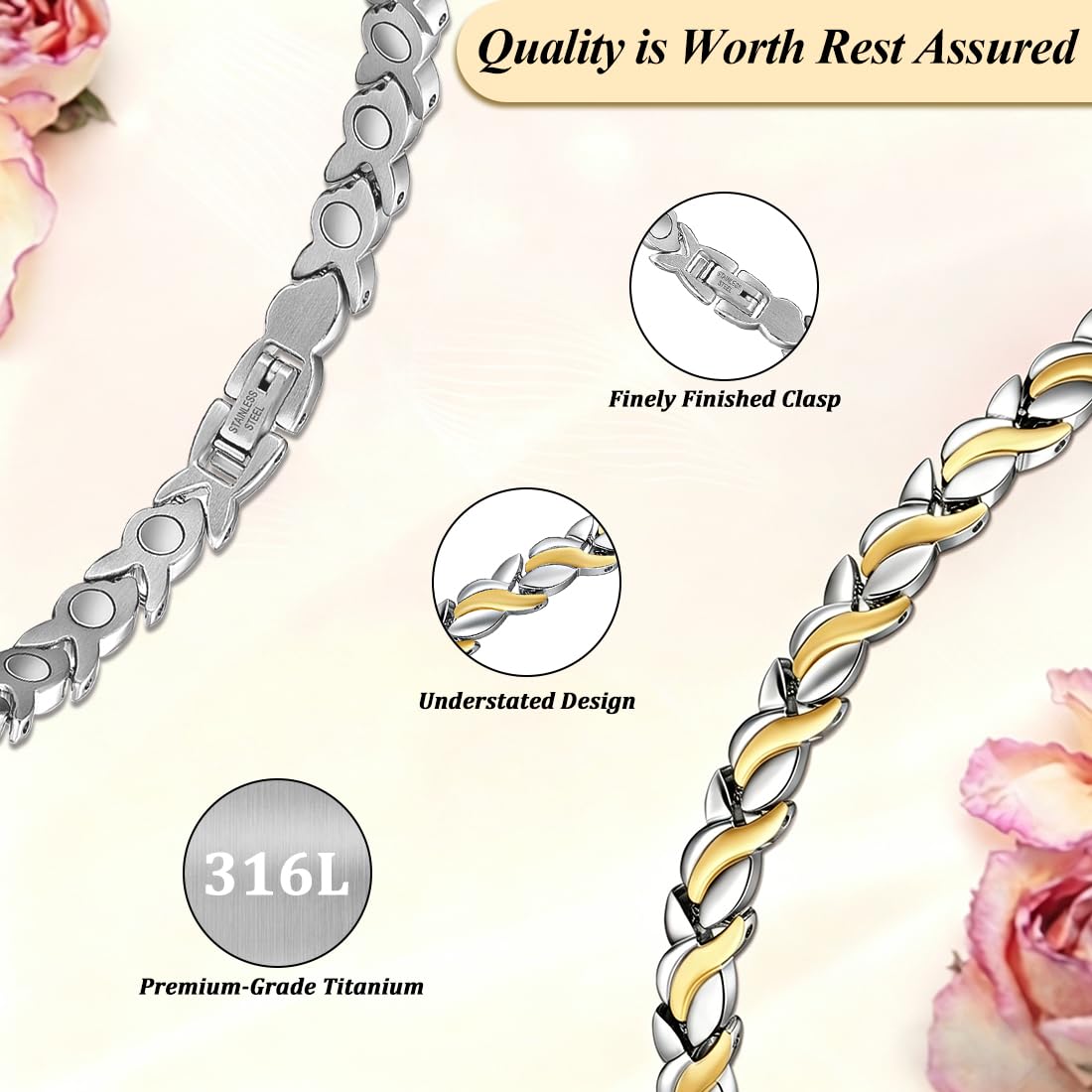 Vicmag Magnetic Bracelet for Women, Titanium Steel Bracelet with Ultra Strength Magnets, Waterproof & Adjustable, Jewelry Gift with Sizing Tool(Silver Gold Fishtail)