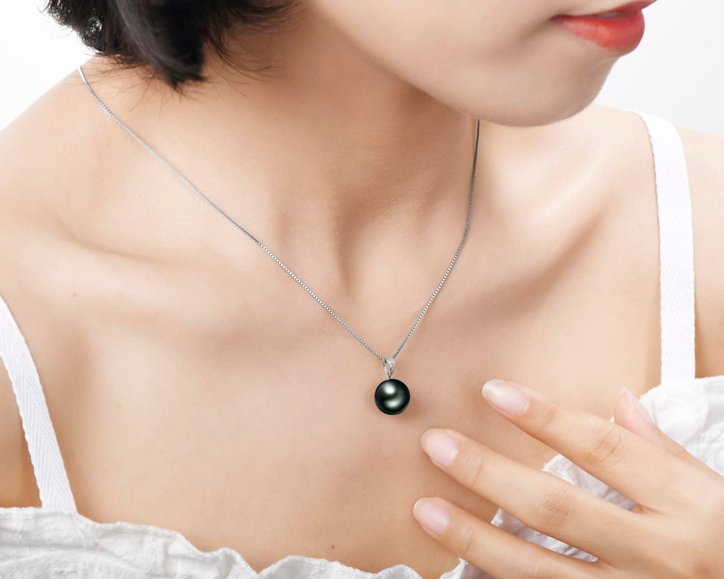 18K Gold Black Pearl Pendant Necklace with Diamond 10-11mm Genuine Tahitian Cultured Round Pearls Jewelry for Women with 18" Silver Chain - White Gold