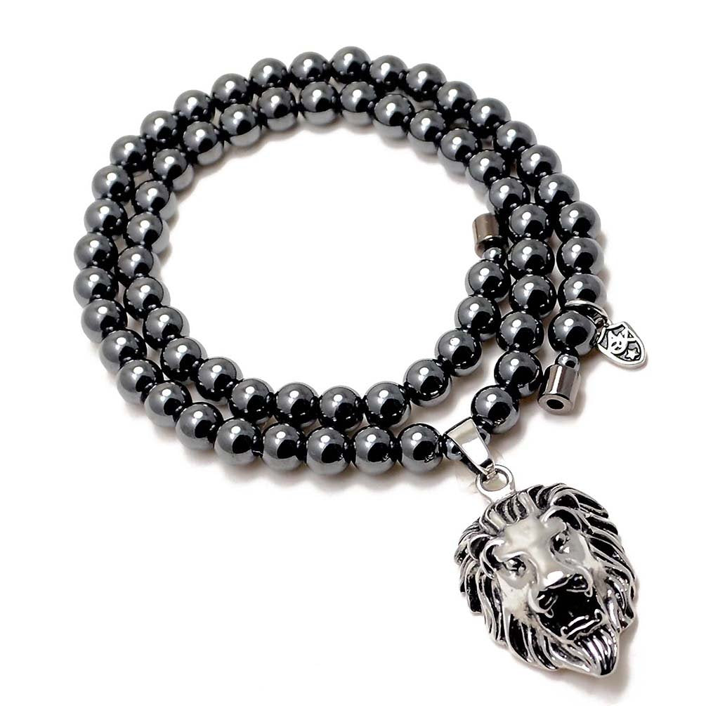 Accents Kingdom Men's Hematite Therapy & Healing Stone Round Bead Necklace With Stainless Steel Lion Head Pendant 22"