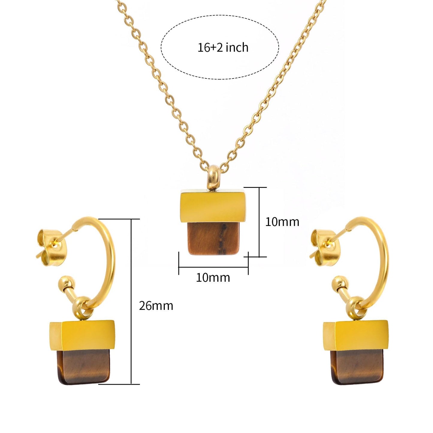 TaYolnFaSo Natural Tiger Eye Necklace and Earrings Set for Women 18K Gold Plated Tiger Eye Jewelry Set Square Gemstone Jewelry Gift