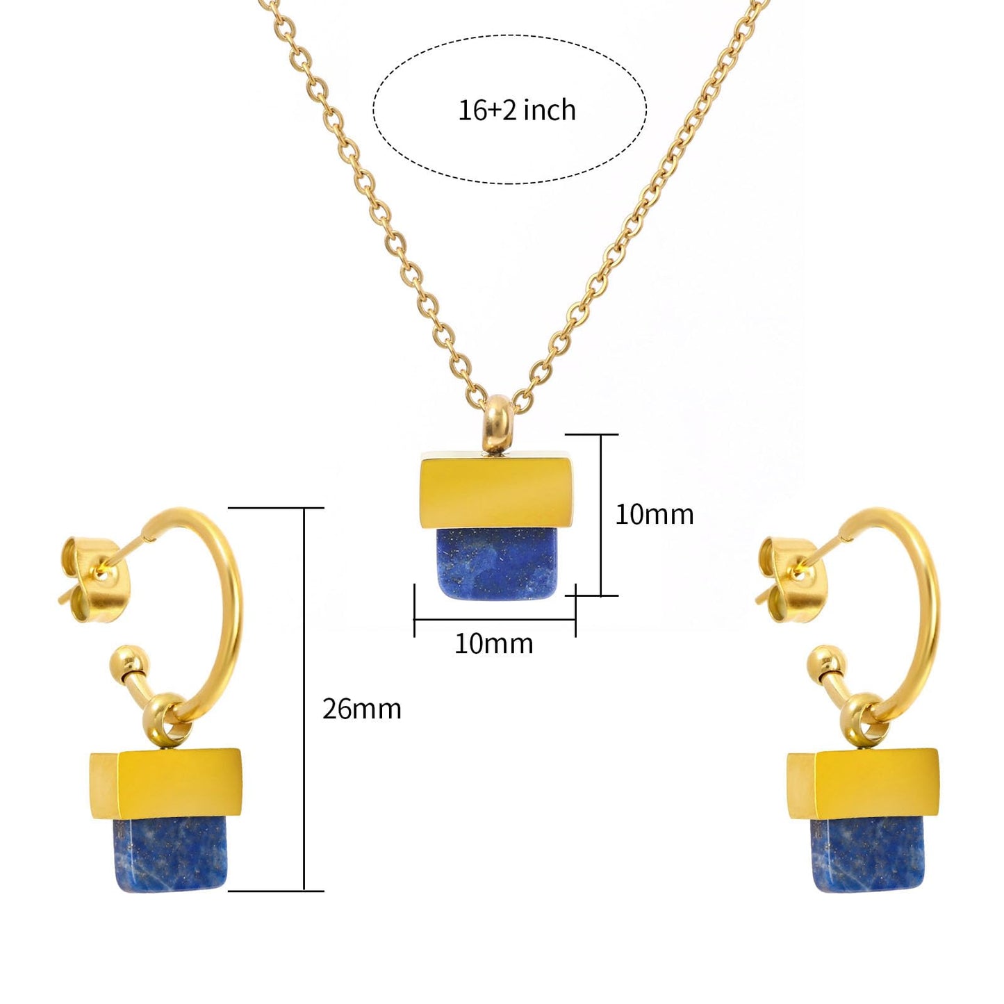 TaYolnFaSo Natural Lapis Lazuli Necklace and Earrings Set for Women 18K Gold Plated Lapis Lazuli Jewelry Set Square Gemstone Jewelry Gift
